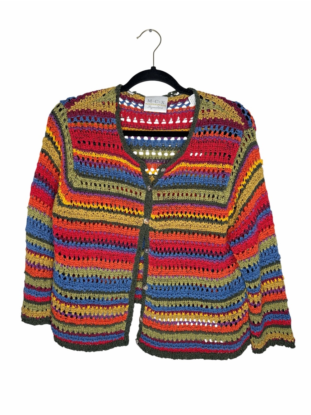 M.C.X SIGNATURE / vtg rainbow striped open knit open knit cardigan sweater / XL